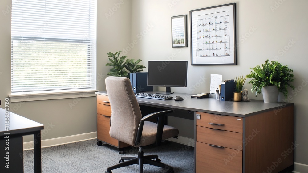 Fototapeta premium Sleek and Organized Corporate Workspace with Motivational Decor
