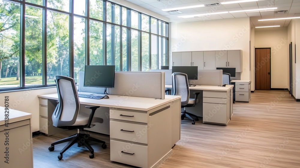 Sleek and Efficient Corporate Workspace with Modern Furnishings and Digital Devices Sleek and Efficient Corporate Workspace with Modern Furnishings and Digital Devices