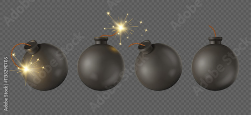 Burning fuse of black sphere realistic bomb. Vector isolated icon of weapon of destruction, war and dangerous explosive power. Boom attack and damage, ignition on rope, transparent background