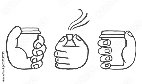 Big Hand Holding a Small Cup of Coffee, Espresso and Take Away Cup. Emblem, Hand Drawn Element for Design. Minimal linear graphics