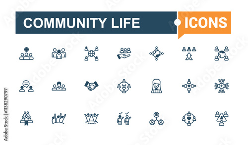 Set of Community Life line icons. Includes icons for friendship, Social, relationship, support, man, team, pr and more. Minimalistic icons. Vector line and solid icons.