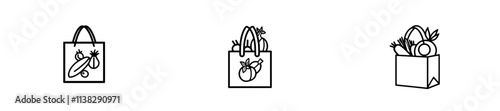 A modern hand-drawn illustration of a grocery bag filled with fruits and vegetables in an engraving sketch style.