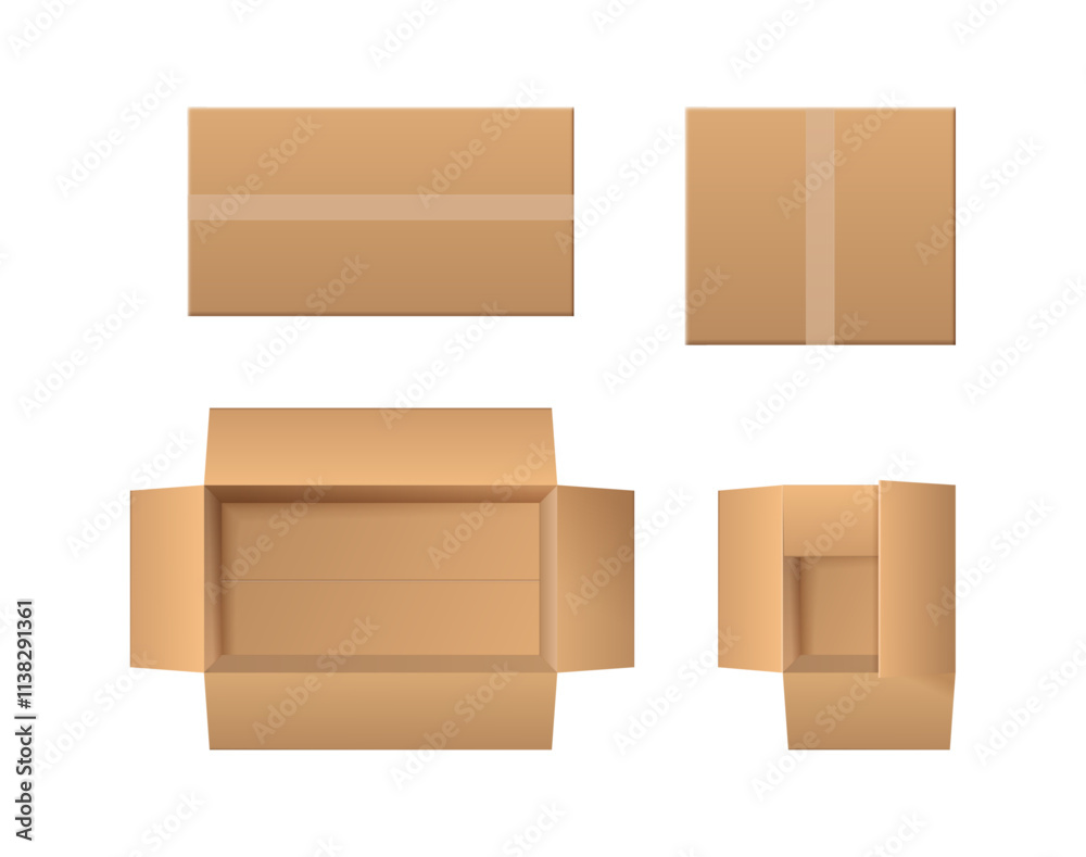 Delivery cargo box with tape, closed and open cardboard parcels, top view. Vector realistic set of empty packaging for distribution and express export. Postal goods and mail services container Delivery cargo box with tape, closed and open cardboard parcels, top view. Vector realistic set of empty packaging for distribution and express export. Postal goods and mail services container