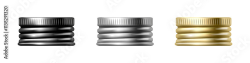 Bottle screw caps side view, isolated realistic silver and gold jar lids or container tops. Vector serrated metal item for twisting, closing and opening produce in packaging. Mockup template
