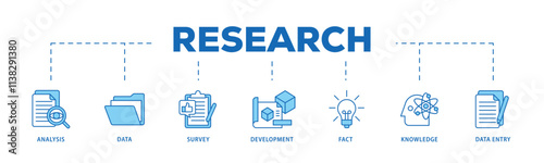 Research infographic icon flow process which consists of analysis, data, survey, development, fact, knowledge and data entry icon live stroke and easy to edit .