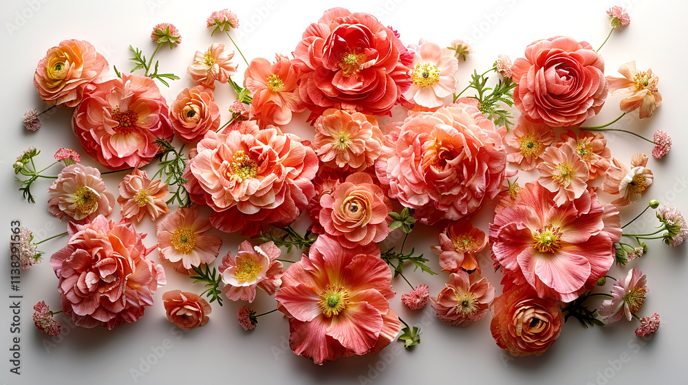 Vibrant arrangement of pink and coral flowers creating a stunning display Vibrant arrangement of pink and coral flowers creating a stunning display