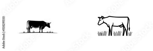A modern, hand-drawn stamp illustration of a black cow standing on grass, suitable for the meat industry or a farmers market.