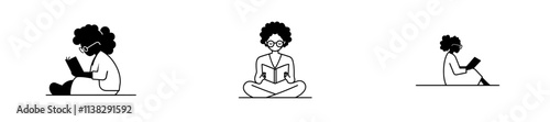 A young black girl with a book in hand, depicted in a modern, stylish flat illustration. A young student studying for an exam, with an open book. She enjoys reading.