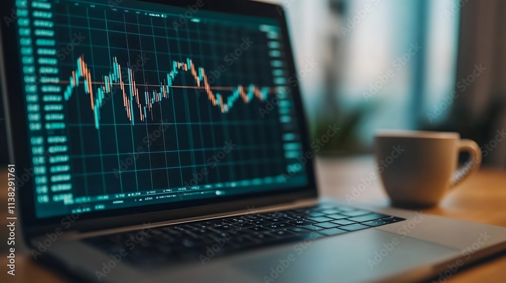 Corporate Financial Workspace with Data Analytics on Laptop Screen and Coffee Cup Corporate Financial Workspace with Data Analytics on Laptop Screen and Coffee Cup