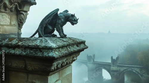 Stone gargoyle perched on the edge of a castle roof overlooking the land photo