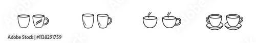 A collection of vintage cups or mugs depicted in a hand-drawn ink sketch with a modern engraved style illustration.