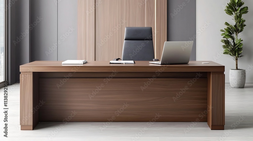 Sleek and Streamlined Office Workspace with Laptop Display Sleek and Streamlined Office Workspace with Laptop Display