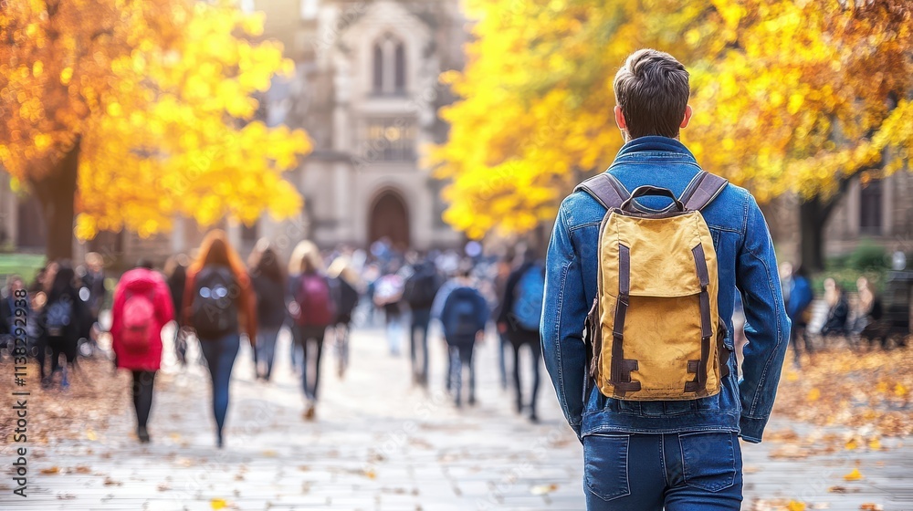 Young man walking through vibrant autumn university campus with golden leaves, surrounded by indistinct students, creating an inspiring academic atmosphere Young man walking through vibrant autumn university campus with golden leaves, surrounded by indistinct students, creating an inspiring academic atmosphere