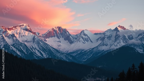 A dramatic mountain range bathed in the soft glow of a sunrise, casting a warm, ethereal light upon the snow-covered peaks and the dark evergreen forests below