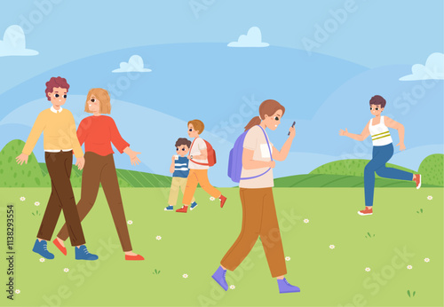People walking in city park or garden. Couple, young adults, children and teens walk on nature landscape. Little pupils and student with backpack, runner, vector scene
