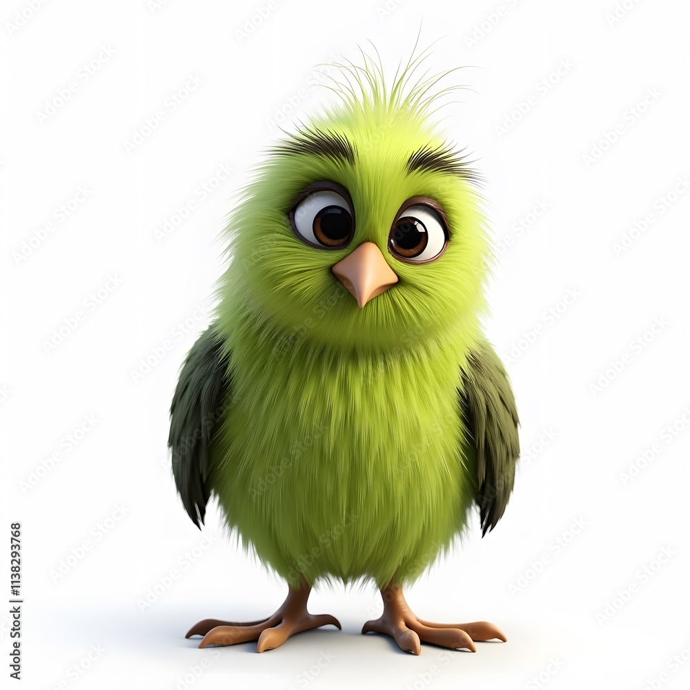 Fototapeta premium Green Kwik Bird Clipart Adorable 2D Cartoon Exotic Bird Illustration