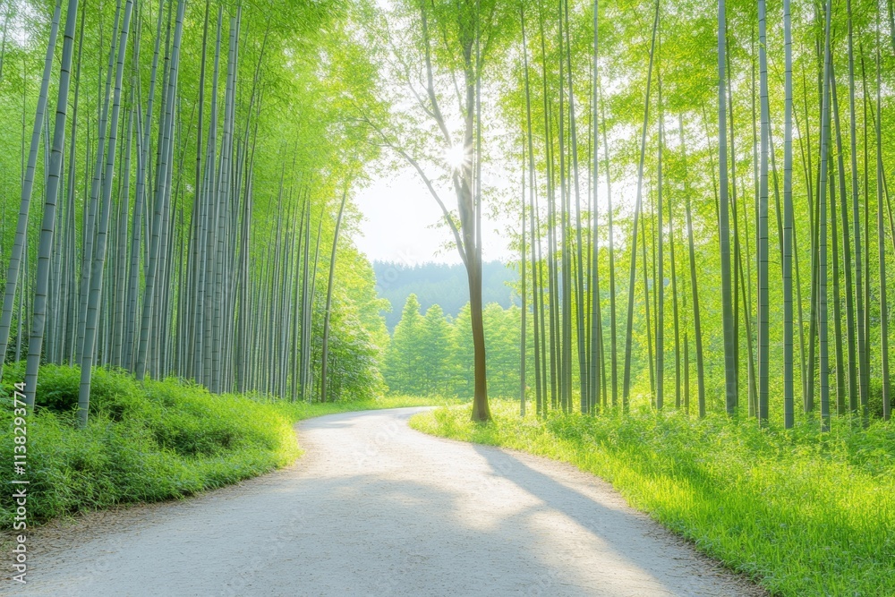 Naklejka premium Mindful Walking Through Lush Bamboo Forest Path Nature Scene Peaceful Environment