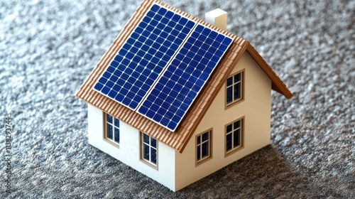 A top view of a house with solar panels placed neatly on the roof. photo