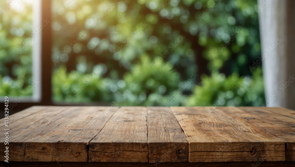 Empty of wood table top on blur of curtain with window and green from garden background for montage product display or design key visual layout Empty of wood table top on blur of curtain with window and green from garden background for montage product display or design key visual layout