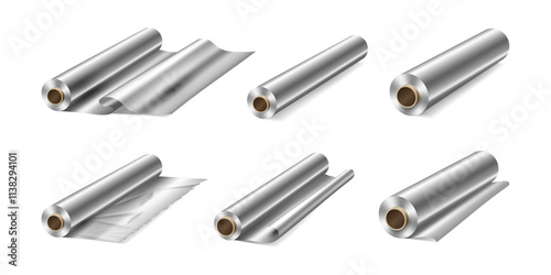 Baking paper roll, food packaging of aluminum in realistic design. Vector kitchen cooking supplies illustration, metal paper for wrapping products. Package or wrap in metal tube