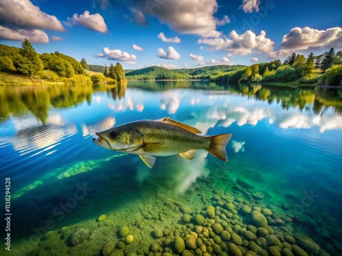 Drone Photography: Aerial View of Bass Fishing Lake, How to Draw Bass, Fishing Tutorial, Bass Fishing Guide, Realistic Bass Illustration photo