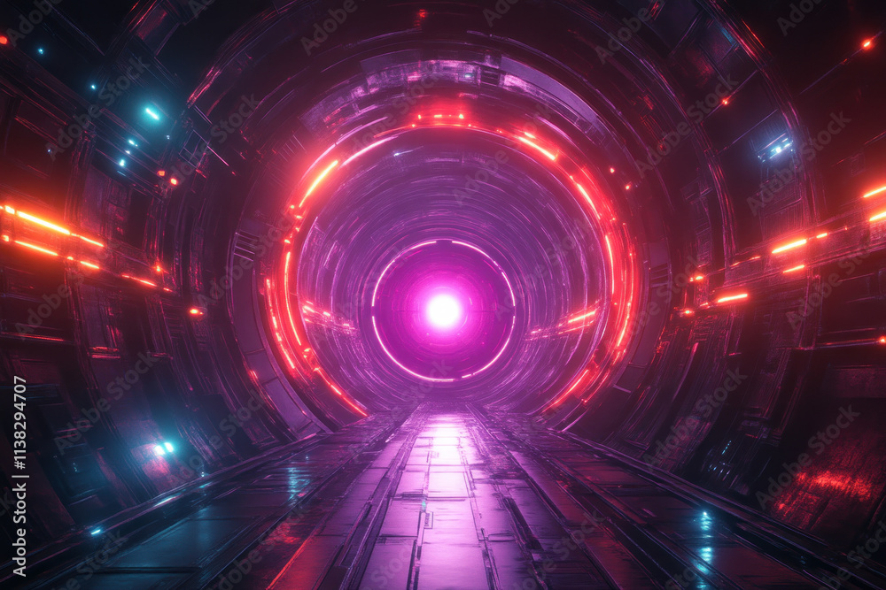 Fototapeta premium Neon-lit futuristic tunnel with glowing portal.