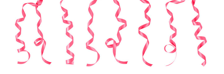 Pink ribbon satin bow curly scroll png set isolated on transparent background for Valentine day, birthday and wedding anniversary card confetti design decoration