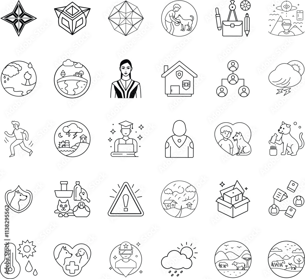 Fototapeta premium Diverse Line Icons Geometric Shapes, People, Pets, Nature, and Global Concepts