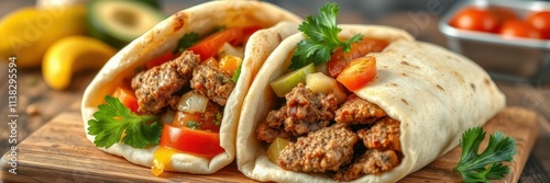 Delicious wraps filled with savory meat and fresh vegetables served on a wooden board in a culinary setting photo