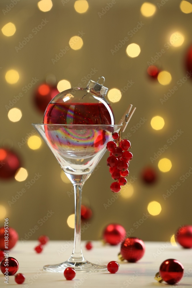 Obraz premium Creative presentation of Christmas cocktail in bauble and glass on white table against dark beige background with blurred lights