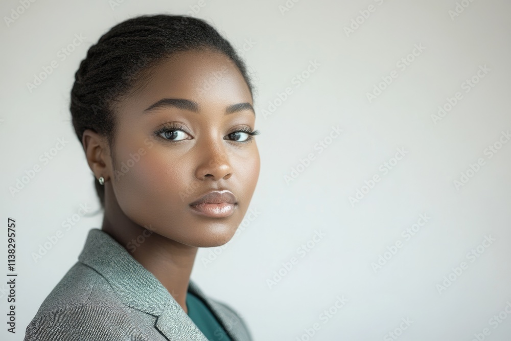 Portrait of a confident young Black woman in a grey blazer, looking directly at the camera. Portrait of a confident young Black woman in a grey blazer, looking directly at the camera.