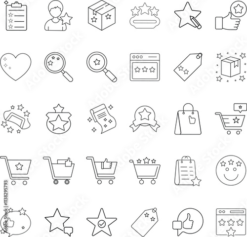 Customer review, feedback, star rating, shopping cart, product icons