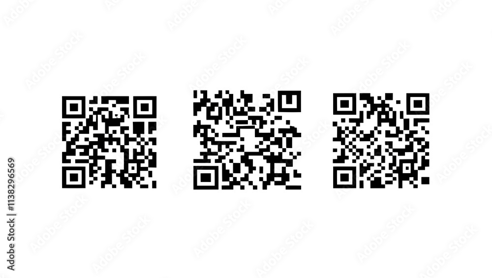 Three QR codes in black on a transparent background Three QR codes in black on a transparent background