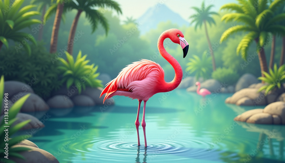 Fototapeta premium Elegant pink flamingo standing gracefully in tropical lagoon surrounded by greenery