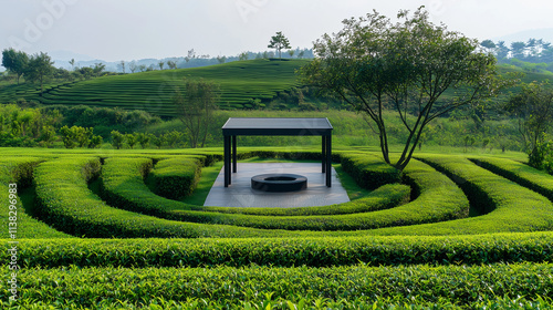 ontemporary Podium Surrounded by Expansive Green Tea Fields photo