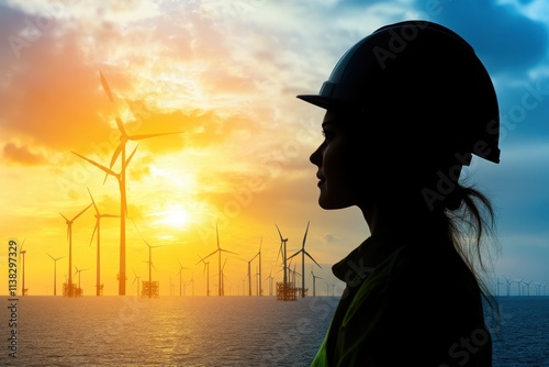 Profile of a woman wearing a safety helmet at sunset, overlooking a wind farm with turbines in the background, symbolizing renewable energy and sustainability efforts photo