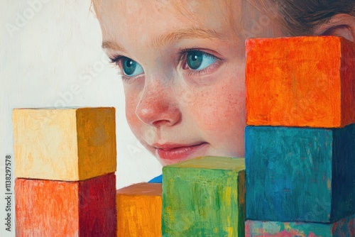A child's curious gaze is captivated by a colorful tower of building blocks, a moment of playful exploration.