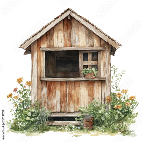 A charming wooden shed surrounded by colorful flowers and greenery, showcasing rustic architecture and natural beauty.