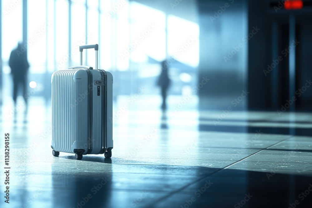 A solitary suitcase stands in a bright airport terminal, awaiting its owner's arrival. A solitary suitcase stands in a bright airport terminal, awaiting its owner's arrival.