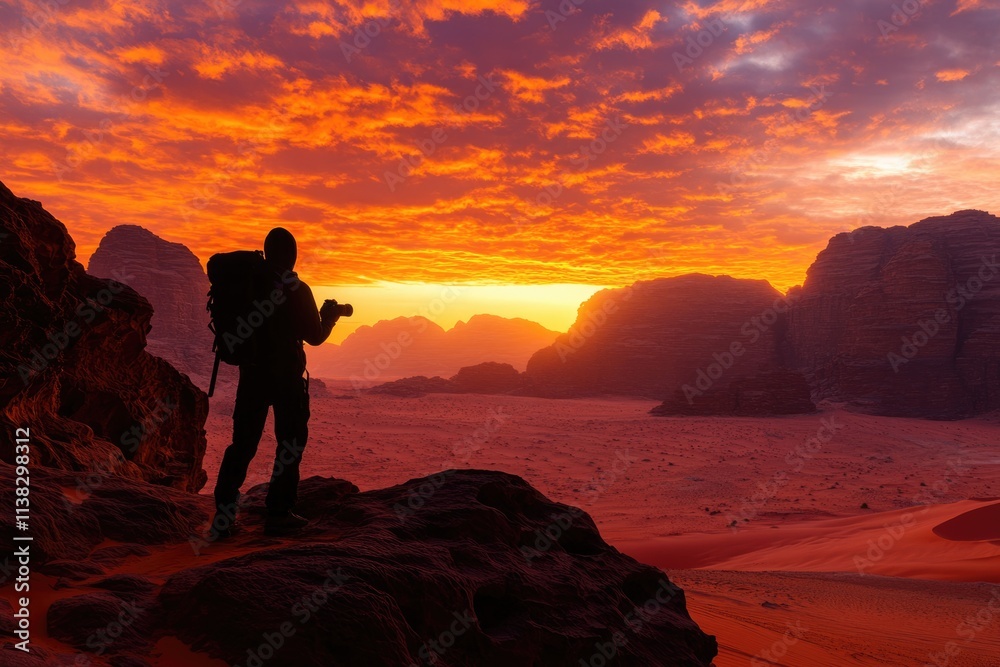 Silhouetted hiker captures breathtaking desert sunset, vibrant colors illuminate sandstone formations. Silhouetted hiker captures breathtaking desert sunset, vibrant colors illuminate sandstone formations.