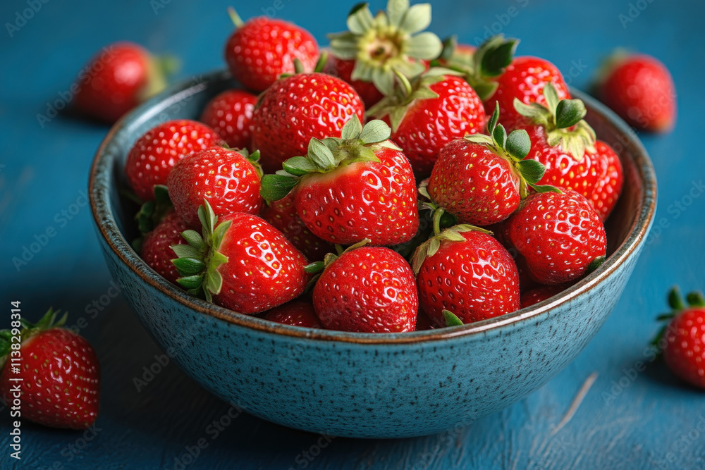 Fresh ripe strawberries in a blue bowl on a blue wooden table. Fresh ripe strawberries in a blue bowl on a blue wooden table.