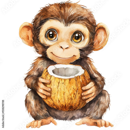 A cute, whimsy illustration of a young monkey holding a coconut. Ideal for children's books, educational materials, or playful decor.