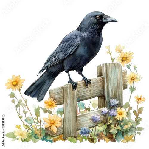 A detailed illustration of a crow perched on a rustic wooden fence surrounded by vibrant flowers. photo