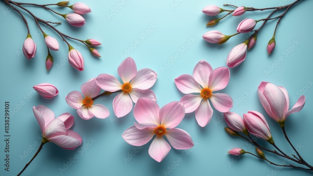 Delicate pink magnolia blossoms scattered across a soft blue background, showcasing the beauty of nature's delicate artistry.