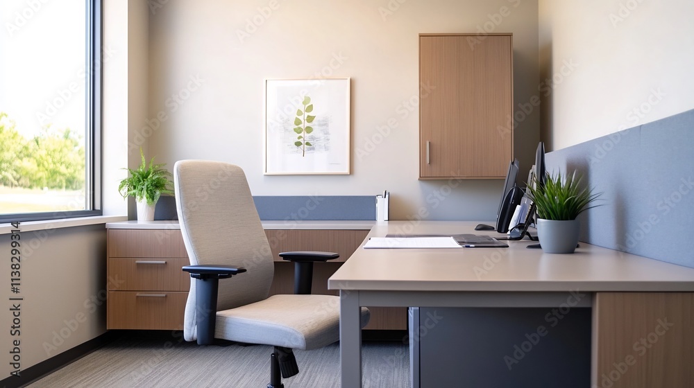 Sleek Corporate Office Setting with Motivational Poster and Organized Workspace Sleek Corporate Office Setting with Motivational Poster and Organized Workspace