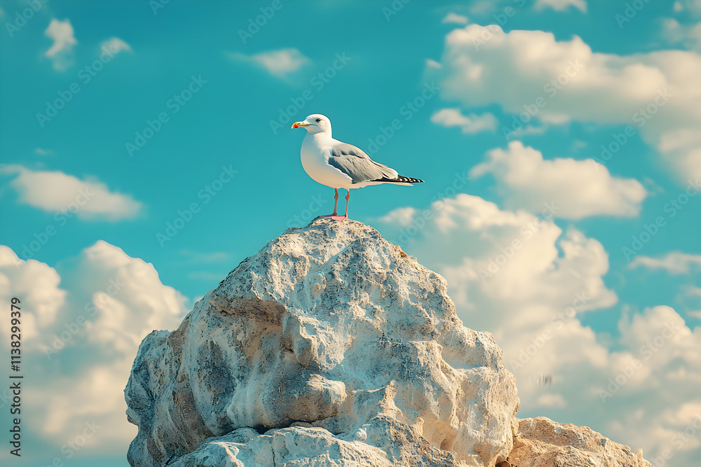 Seagull Perched on Rocky Summit, Azure Sky Above Seagull Perched on Rocky Summit, Azure Sky Above