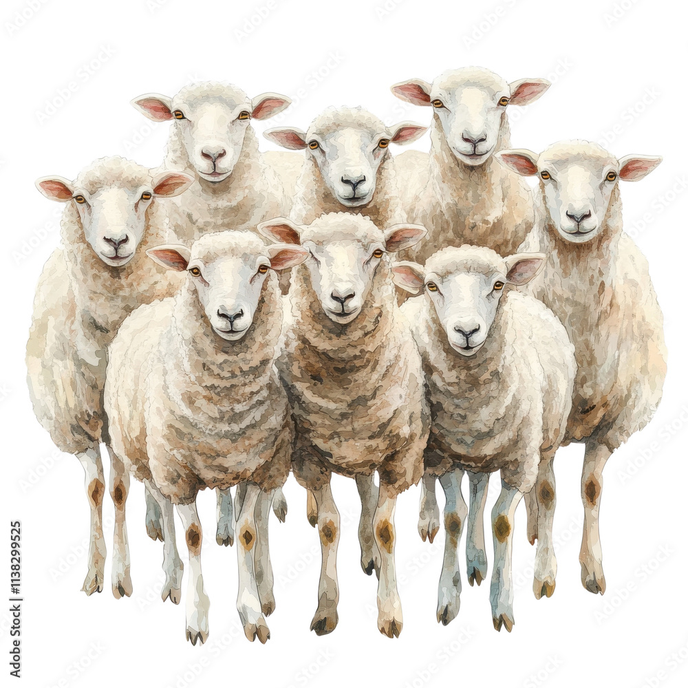 Fototapeta premium A group of nine sheep standing closely together, showcasing their woolly texture and gentle expressions, perfect for nature-inspired designs.