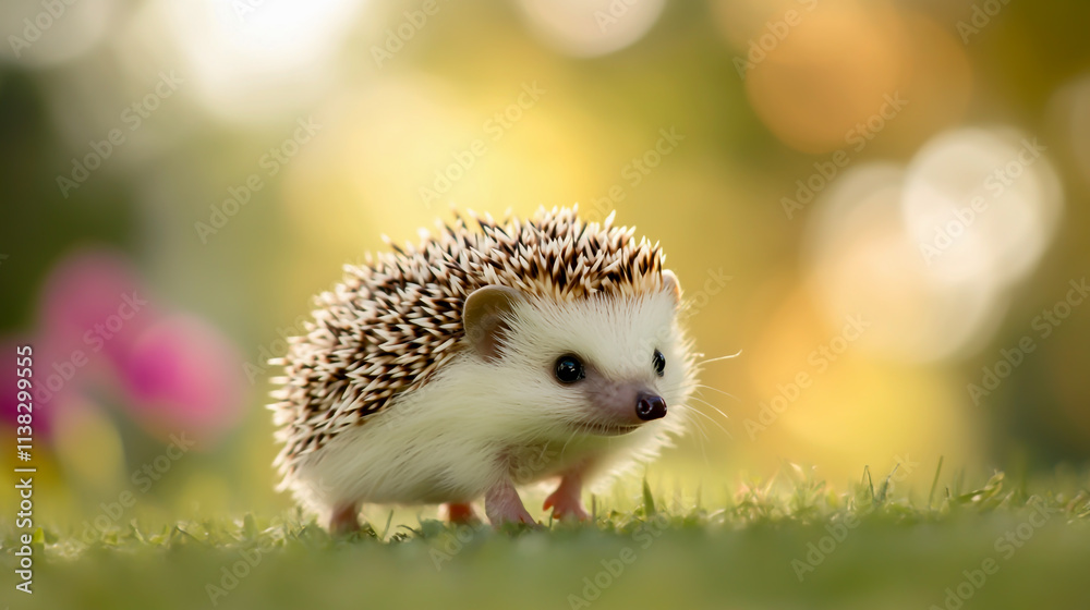Small Hedgehog Walking on Green Grass with Raised Spines