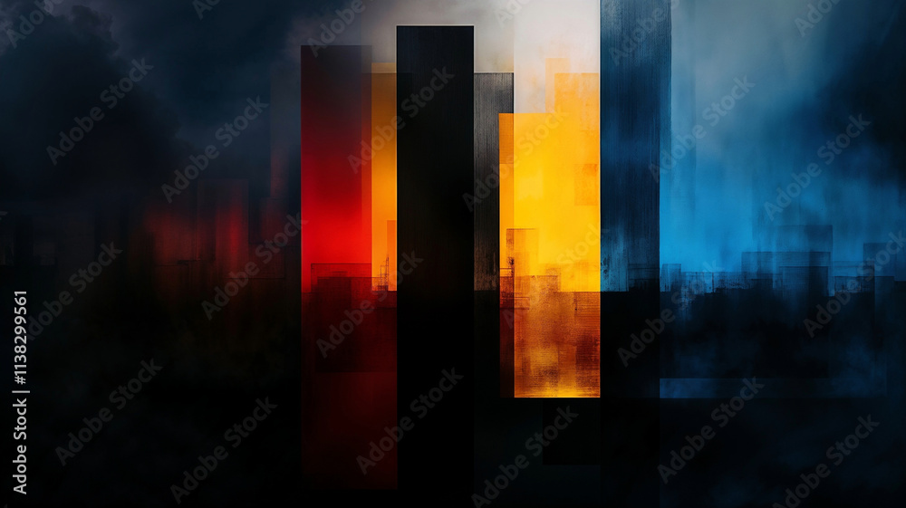 Naklejka premium Abstract cityscape at night. Bold colors and dark tones create a dramatic mood.