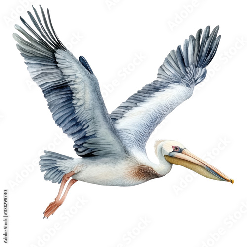 A majestic pelican in flight, showcasing its large wingspan and elegant features against a white isolated background.